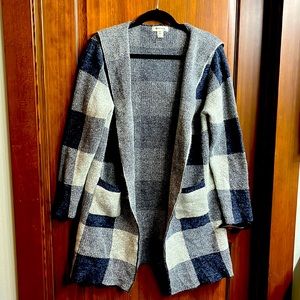 Open front hooded, shawl collar long sweater